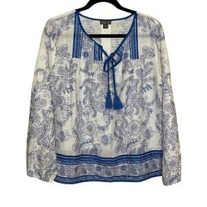 Point Sur Medium Blue White Floral Print Split‎ Neck Tunic Shirt Boho Flowy
